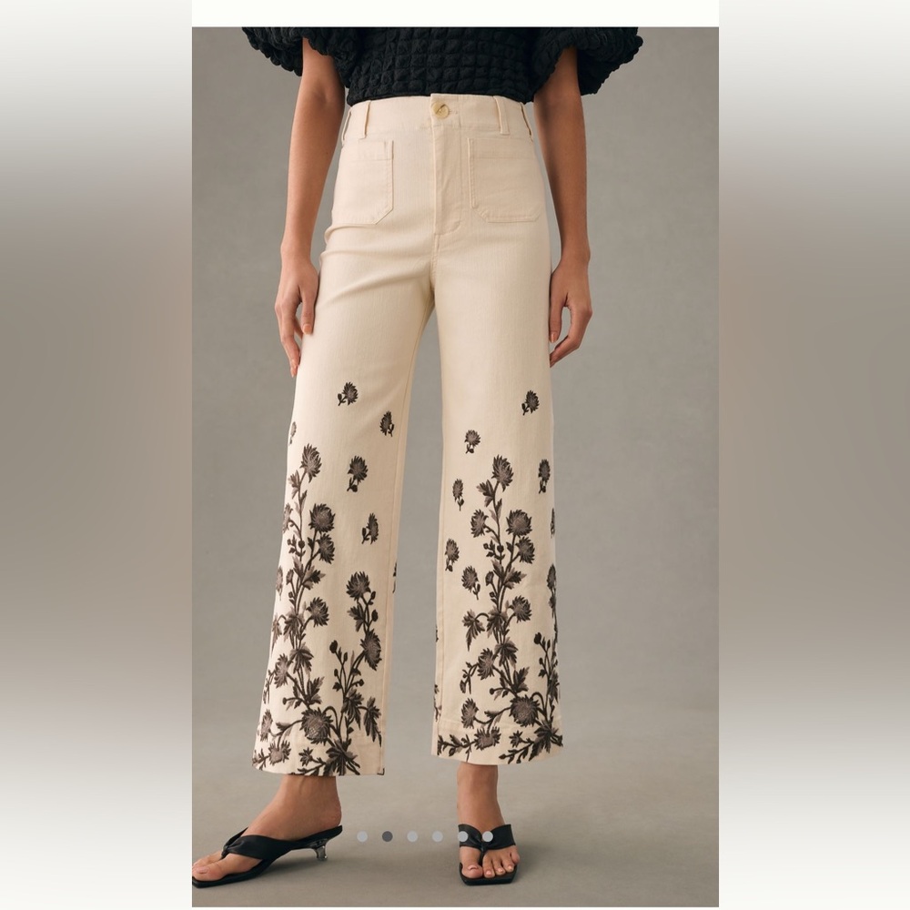 Anthropologie Maeve Colette Beige and Black Floral Denim Ankle Pants